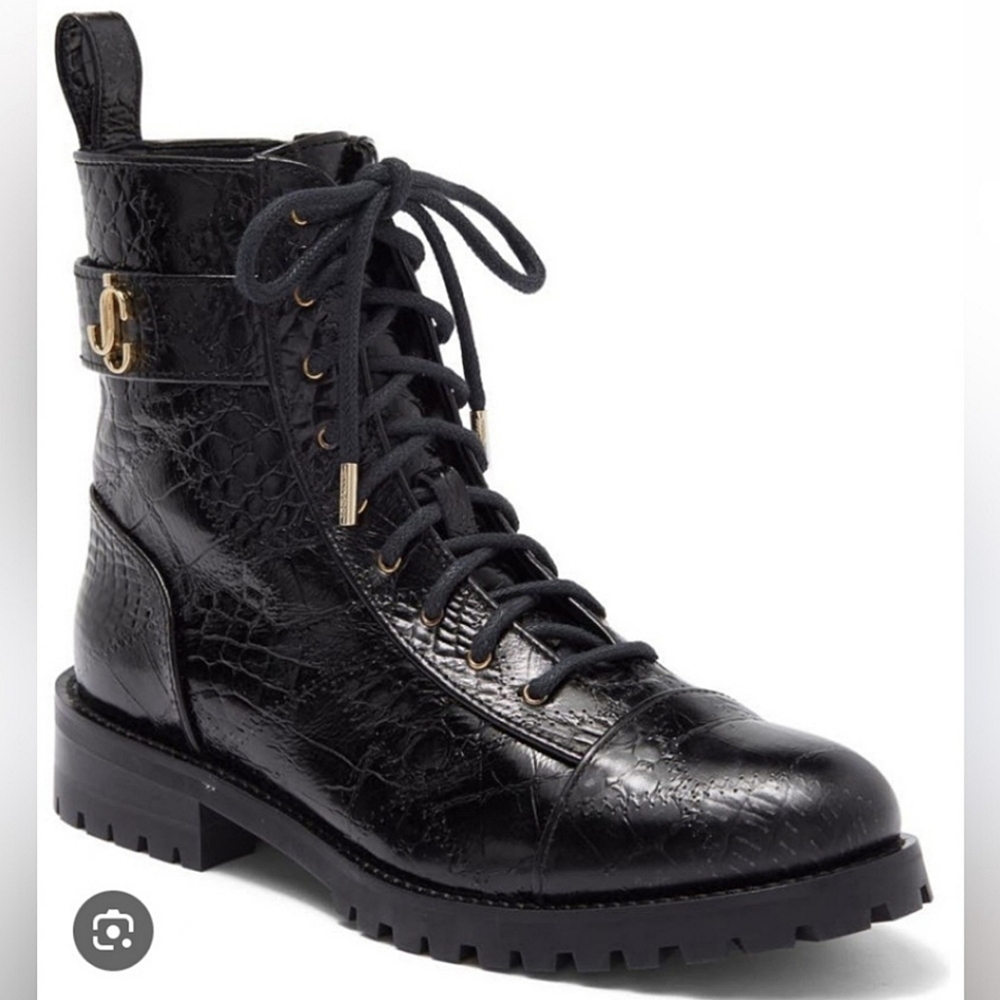 Jimmy Choo Cayo Flat Opce Black Boots Patchwork Croc Embossed Leather